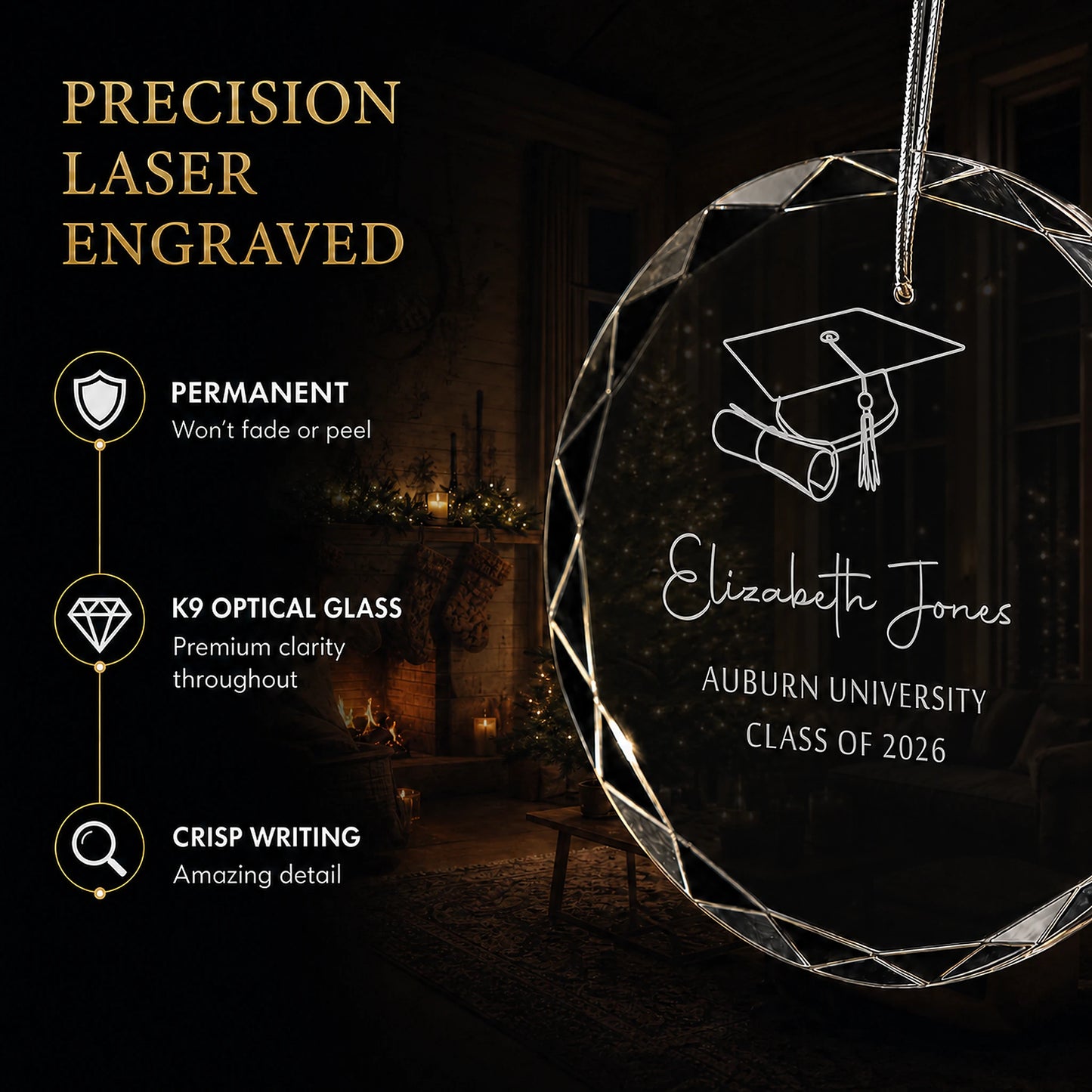 Close up of precision laser engraving on a custom graduation glass ornament, permanent lettering that will not fade or peel