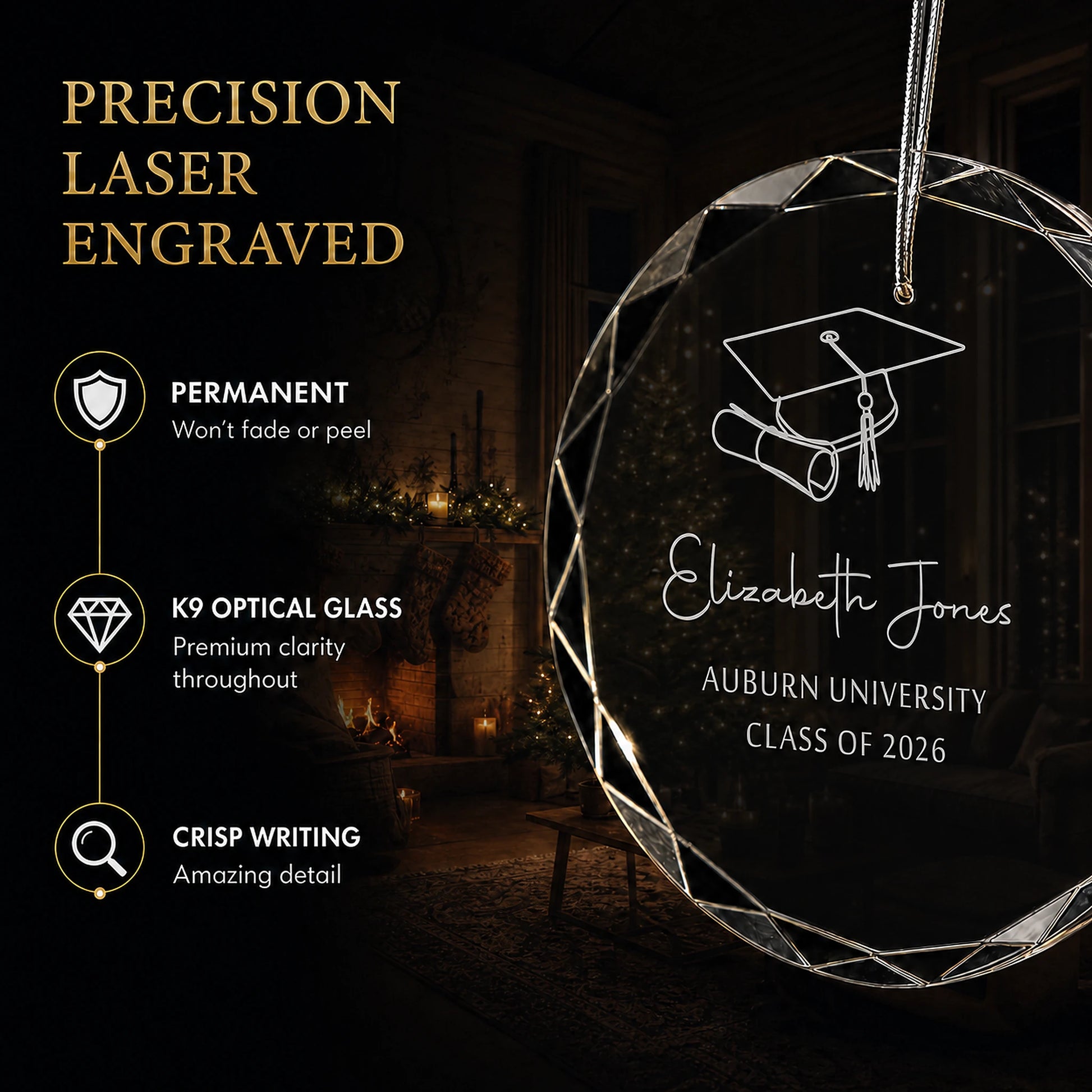Close up of precision laser engraving on a custom graduation glass ornament, permanent lettering that will not fade or peel