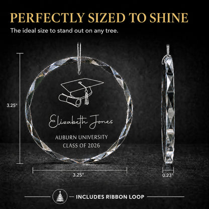Size guide for the personalized graduation glass ornament, 3.25 inches tall by 3.25 inches wide and 0.23 inches thick