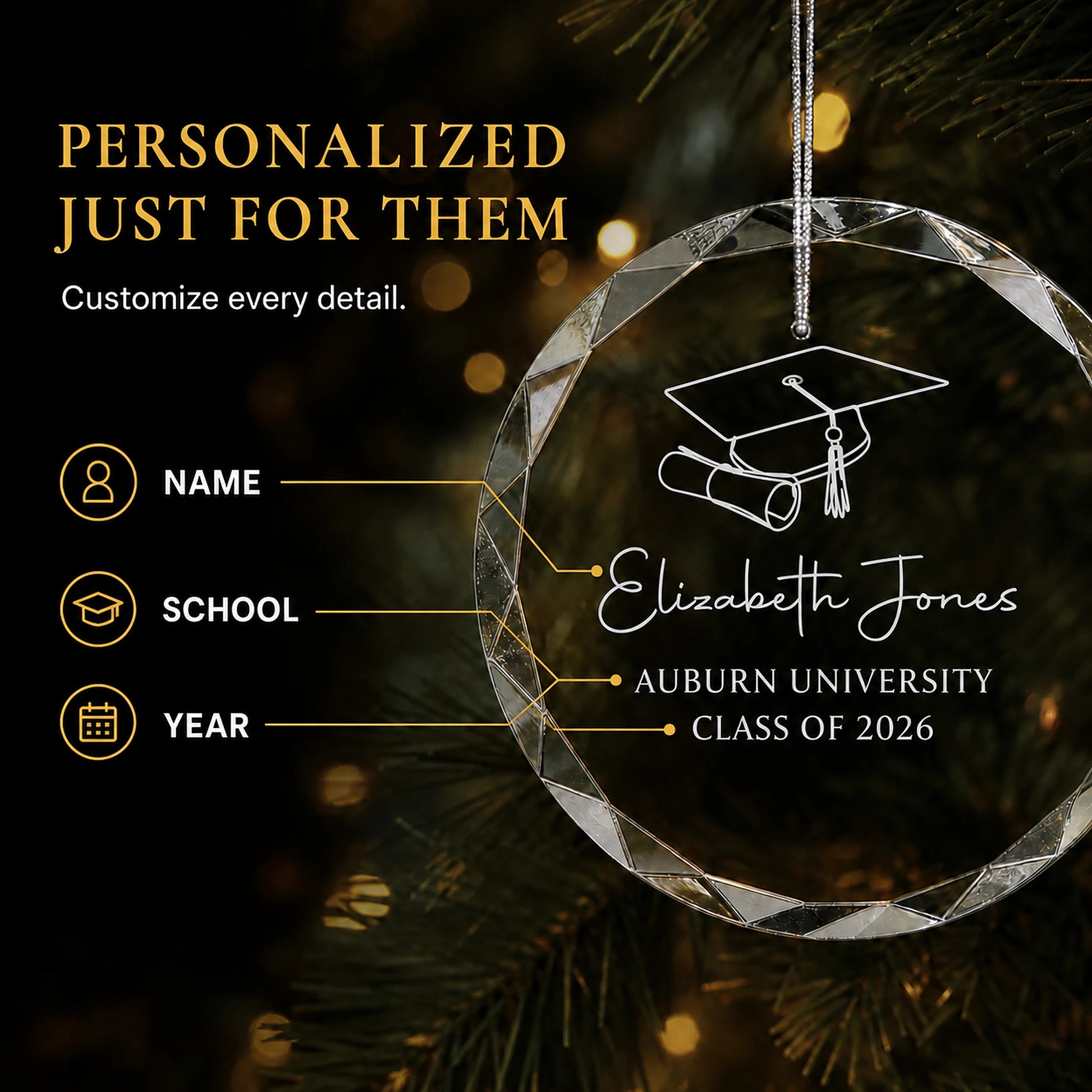 Personalization options on the graduation glass ornament, custom name, school and class year laser engraved beneath the cap and diploma design