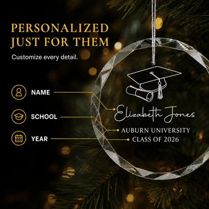 Personalization options on the graduation glass ornament, custom name, school and class year laser engraved beneath the cap and diploma design