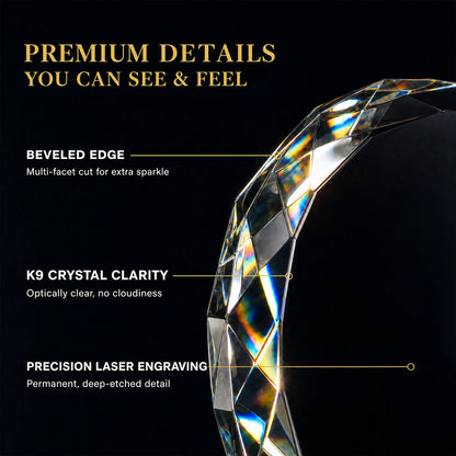 Beveled multi facet edge of the K9 optical glass graduation ornament, optically clear with deep etched permanent laser engraving