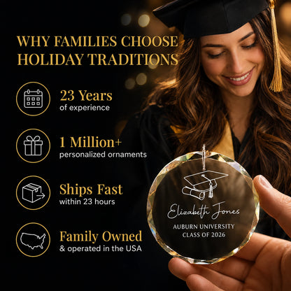 Graduate in cap and gown holding her personalized glass ornament, Holiday Traditions is family owned in the USA and ships within 23 hours