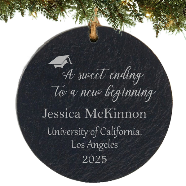 Personalized A sweet ending to a new beginning college graduation slate ornament with school and year