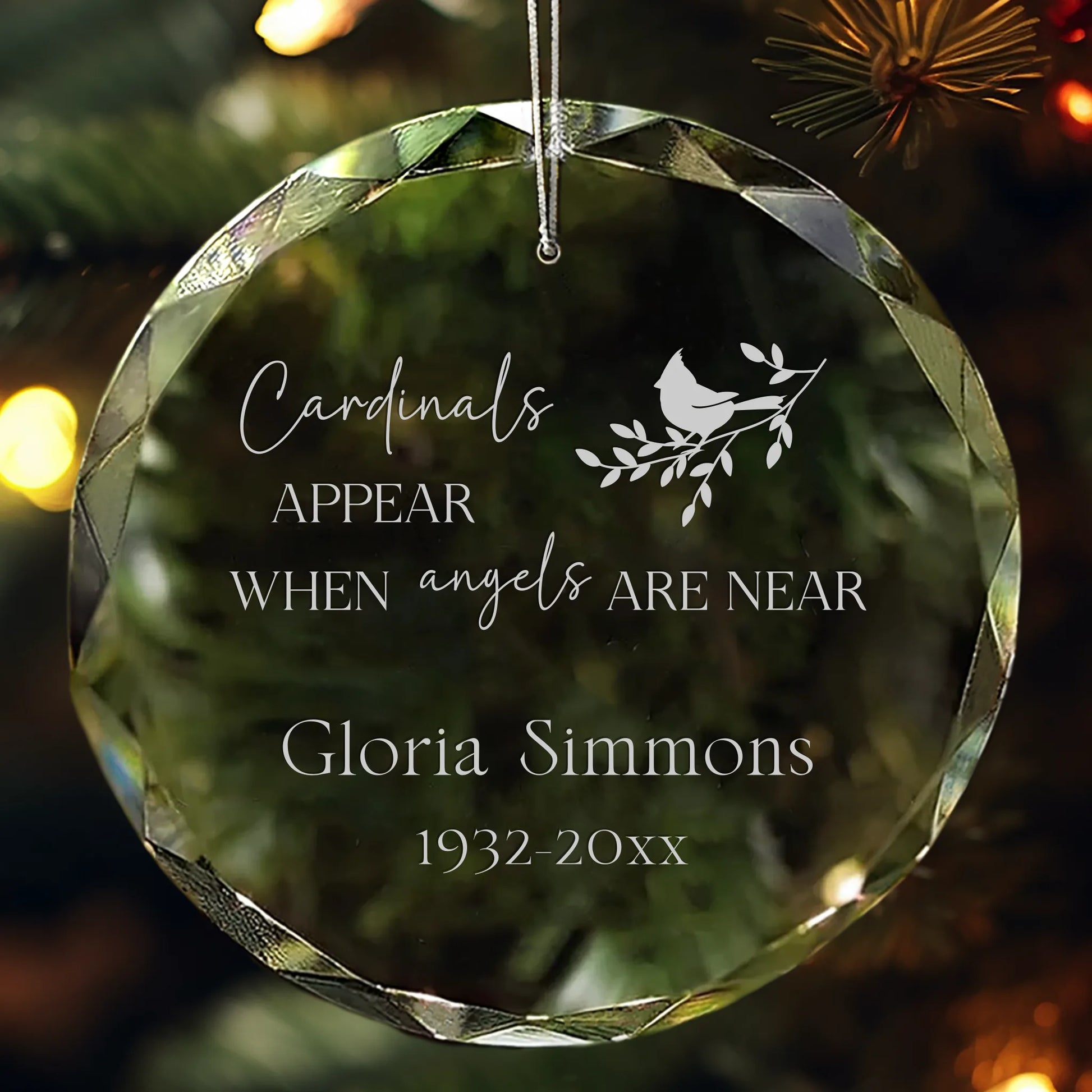 Personalized glass memorial ornament engraved with “Cardinals appear when angels are near” and a cardinal design