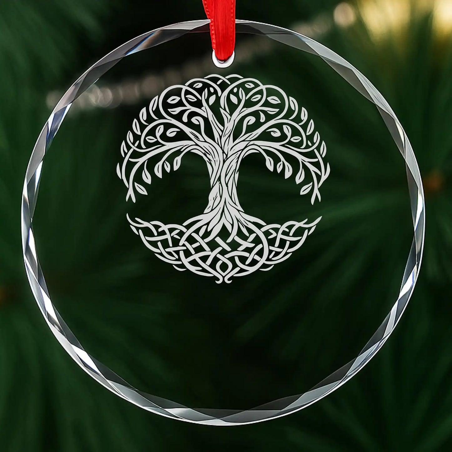 Celtic Tree of Life glass memorial ornament before engraving, round with knotwork tree design