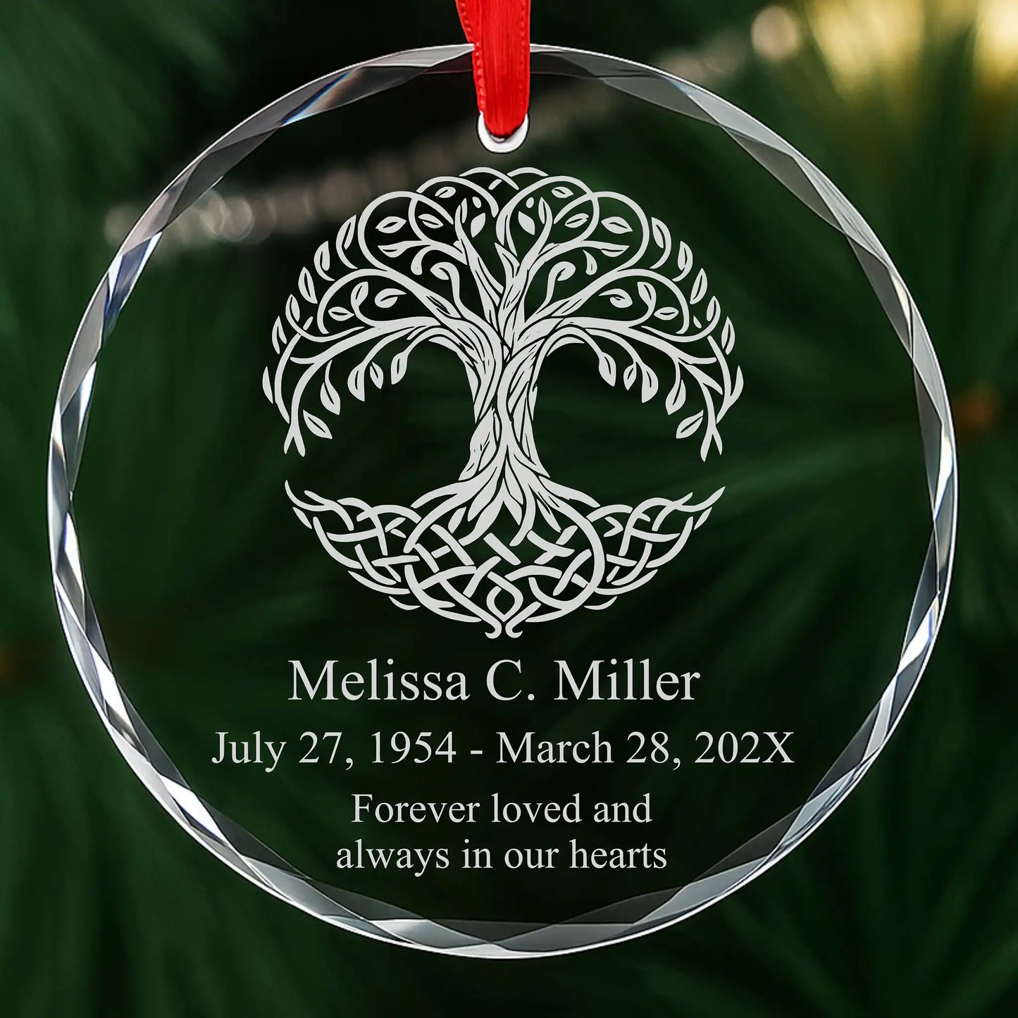 Personalized Celtic Tree of Life memorial ornament, laser engraved glass with custom name, date and message