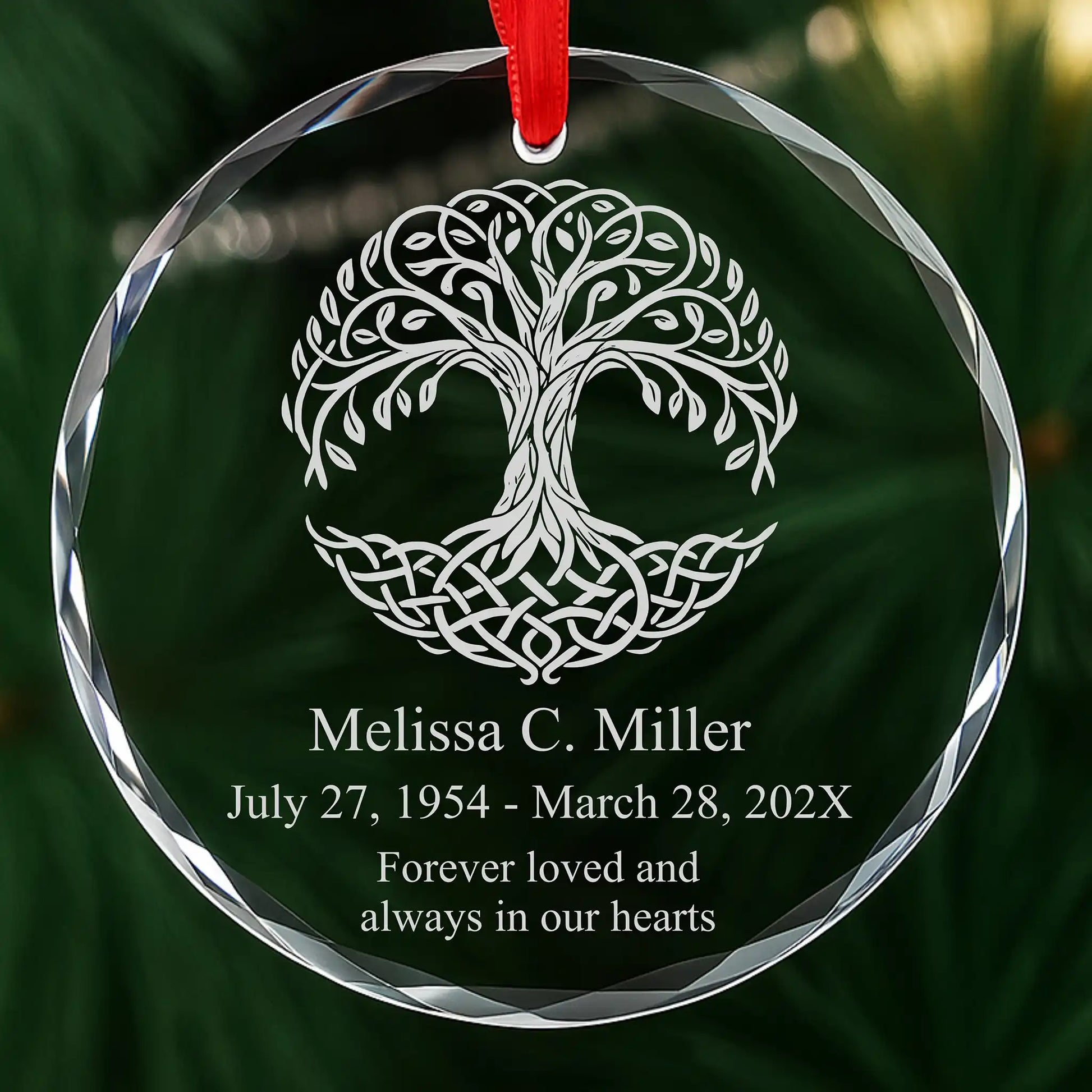Personalized Celtic Tree of Life memorial ornament, laser engraved glass with custom name, date and message