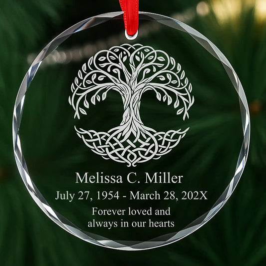 Personalized Celtic Tree of Life memorial ornament, laser engraved glass with custom name, date and message