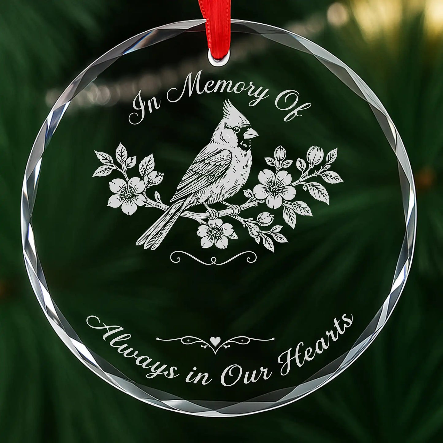 Cardinal In Loving Memory glass memorial ornament shown before engraving