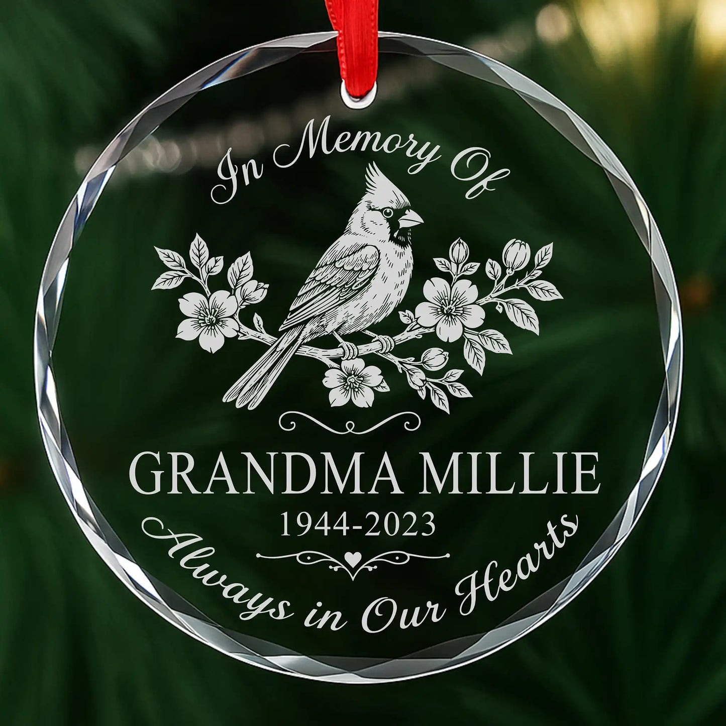 Personalized cardinal memorial ornament, In Loving Memory laser engraved glass with name and dates