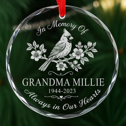 Personalized cardinal memorial ornament, In Loving Memory laser engraved glass with name and dates