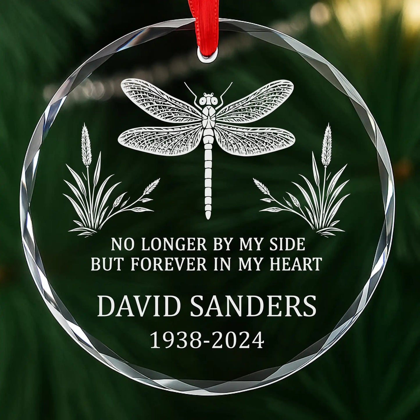 Personalized dragonfly memorial ornament, laser engraved glass with custom name and dates