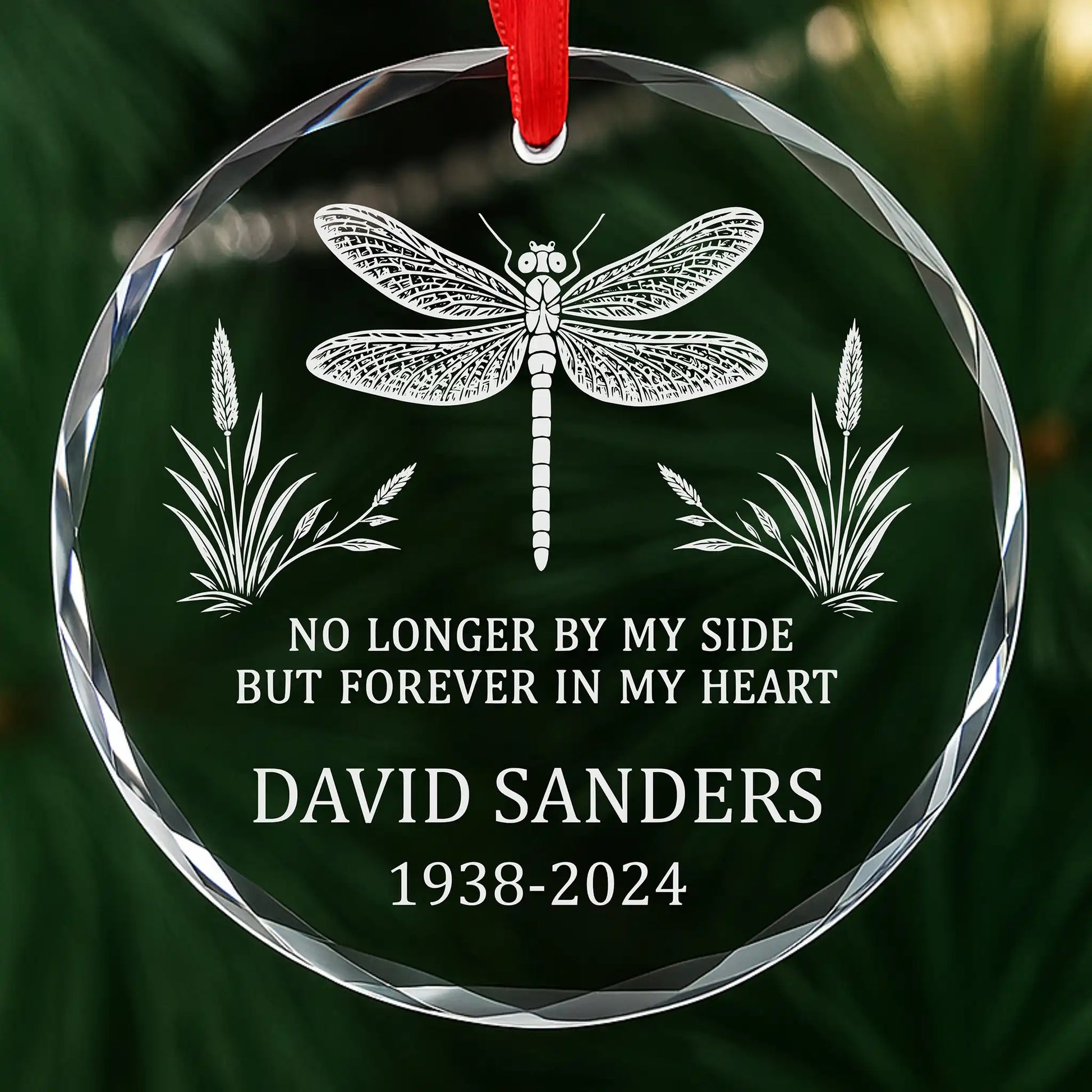 Personalized dragonfly memorial ornament, laser engraved glass with custom name and dates