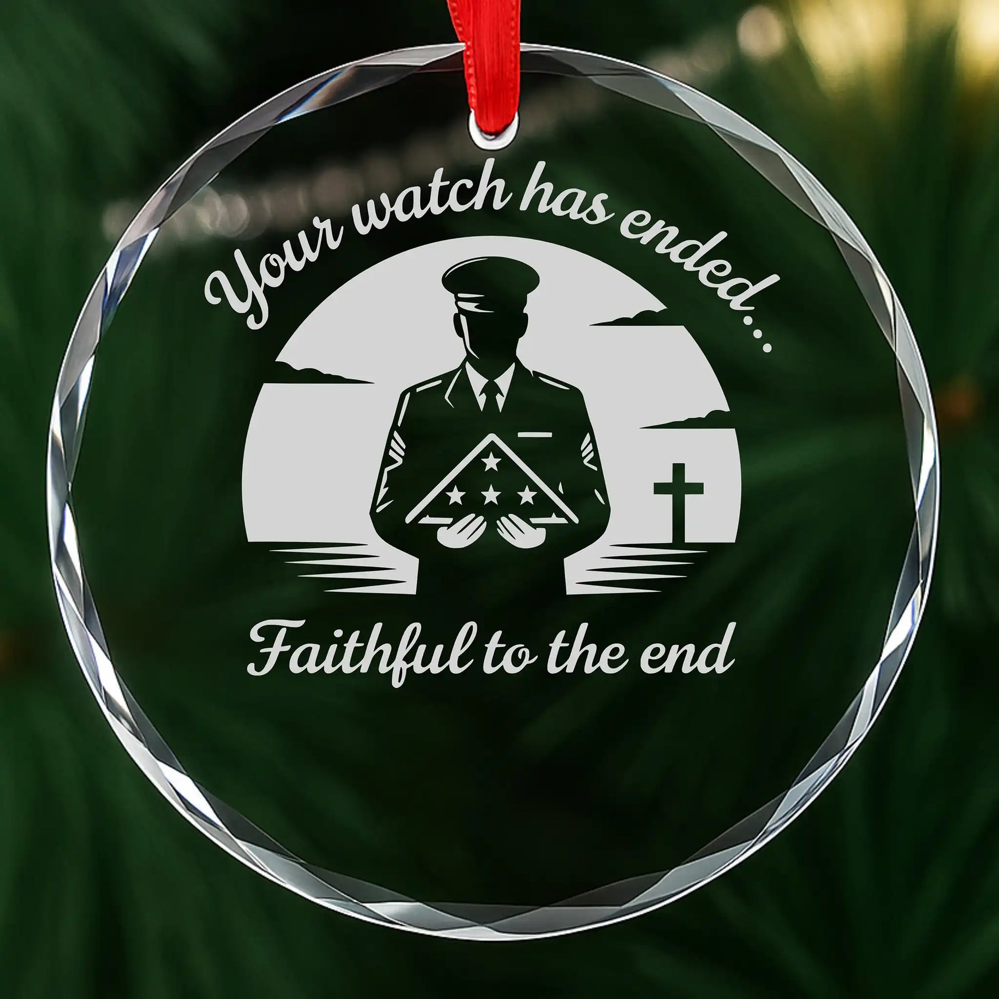 Faithful Soldier military glass memorial ornament shown before engraving