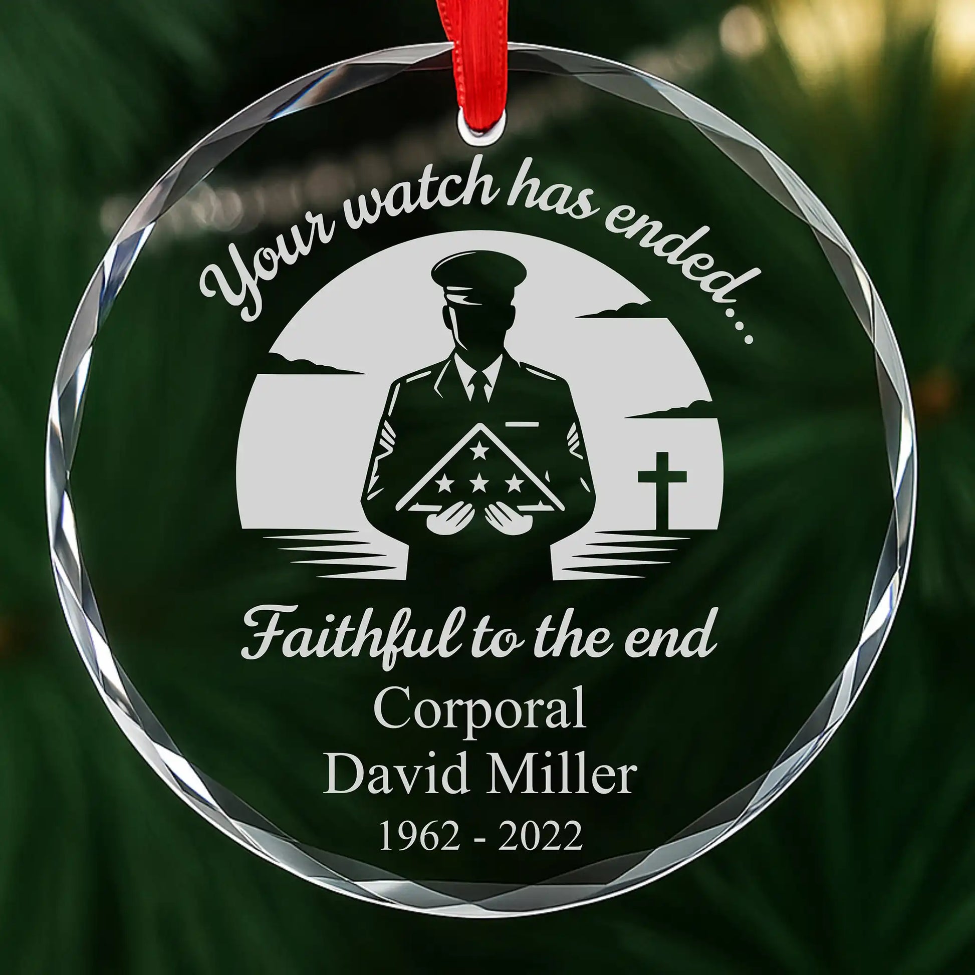 Personalized Faithful Soldier military memorial ornament, laser engraved glass with custom name and dates