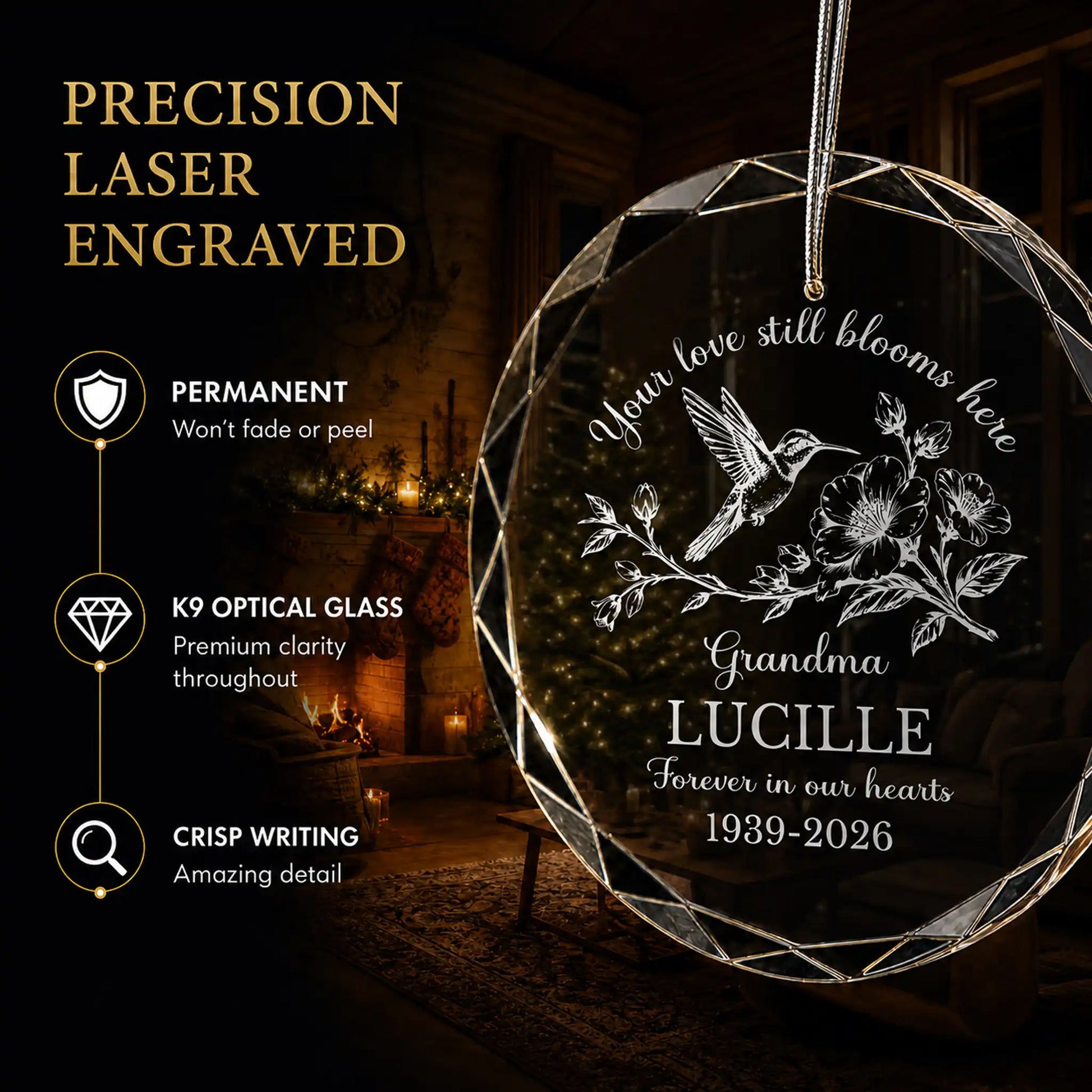 Precision laser engraved hummingbird memorial ornament - permanent engraving on K9 optical glass that won't fade or peel