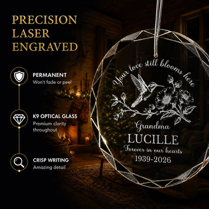 Precision laser engraved hummingbird memorial ornament - permanent engraving on K9 optical glass that won't fade or peel