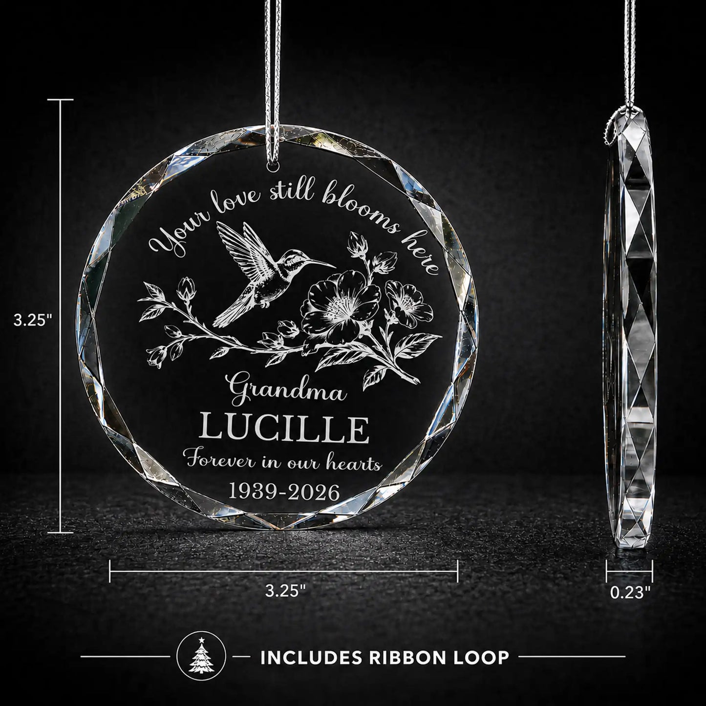 Size chart for hummingbird memorial glass ornament - 3.25 inch round, 0.23 inch thick, includes ribbon loop for hanging