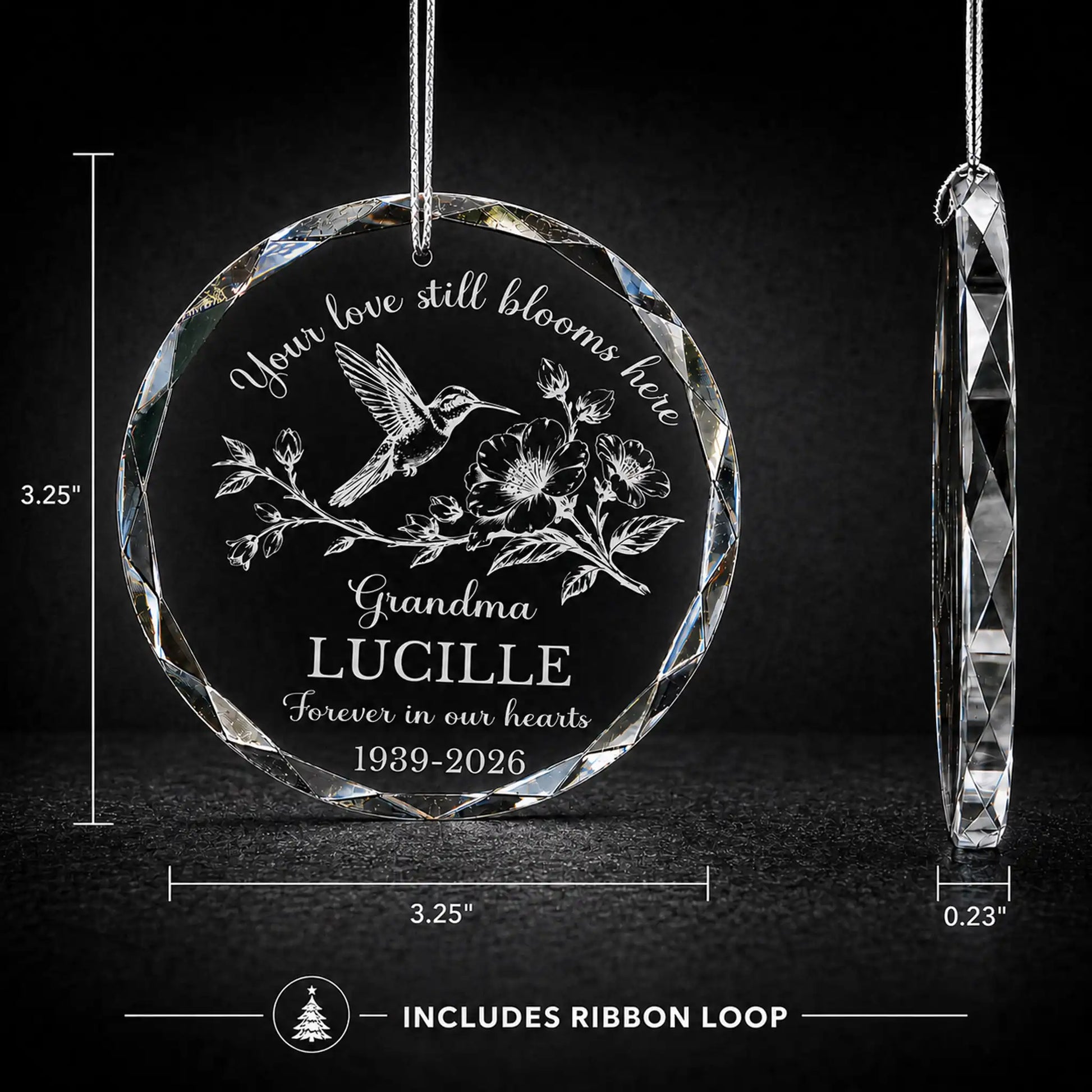 Size chart for hummingbird memorial glass ornament - 3.25 inch round, 0.23 inch thick, includes ribbon loop for hanging