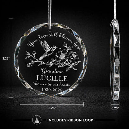 Size chart for hummingbird memorial glass ornament - 3.25 inch round, 0.23 inch thick, includes ribbon loop for hanging