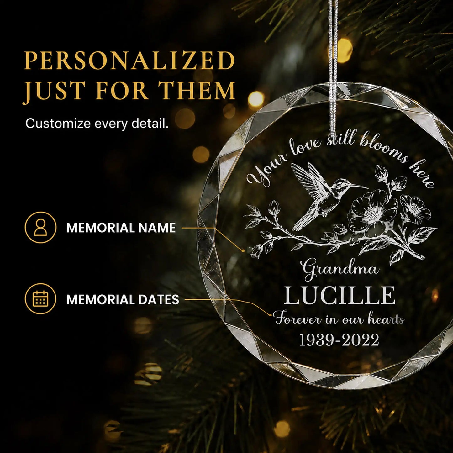 Personalization options for hummingbird memorial ornament - custom memorial name and dates engraved just for them