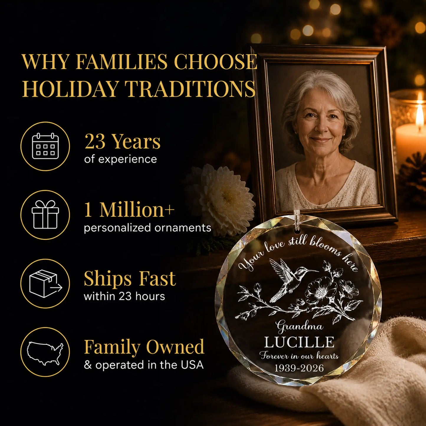 Why families choose Holiday Traditions - hummingbird memorial ornament beside framed photo, family owned, ships fast
