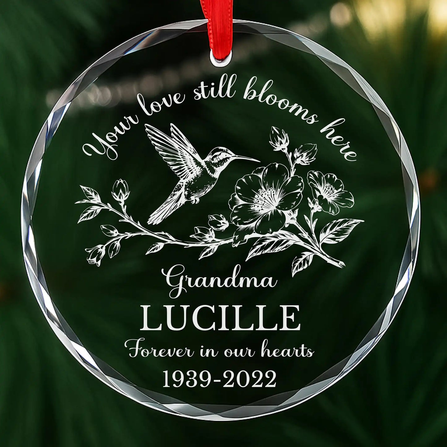 Personalized hummingbird memorial ornament, laser engraved glass with custom name and dates