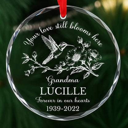 Personalized hummingbird memorial ornament, laser engraved glass with custom name and dates
