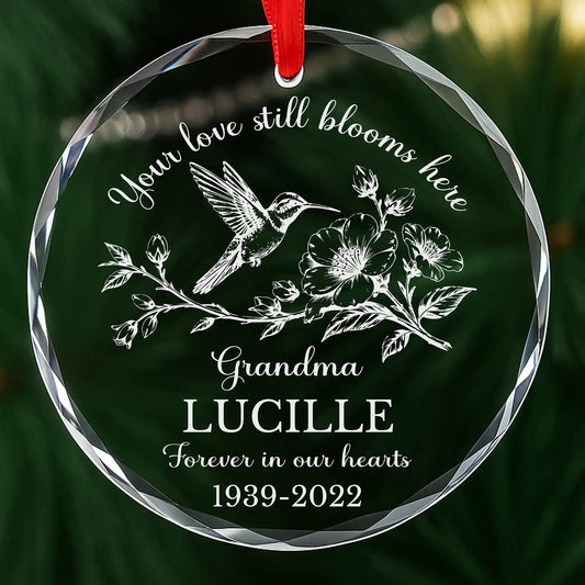 Personalized hummingbird memorial ornament, laser engraved glass with custom name and dates