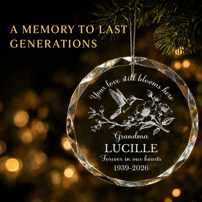 Hummingbird memorial glass ornament hanging on a Christmas tree - engraved remembrance keepsake with name and dates