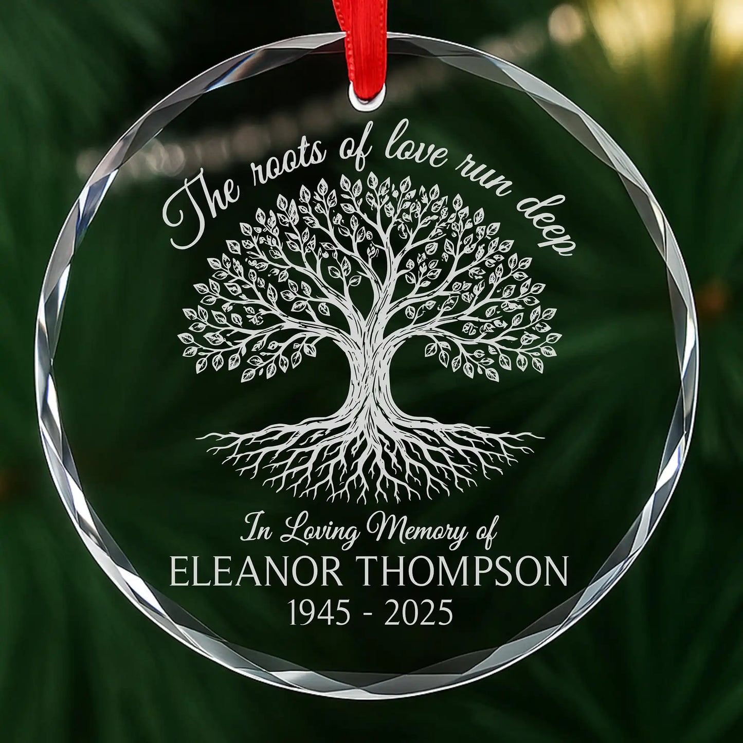 Personalized Tree of Life memorial ornament with deep roots, laser engraved glass with name and dates
