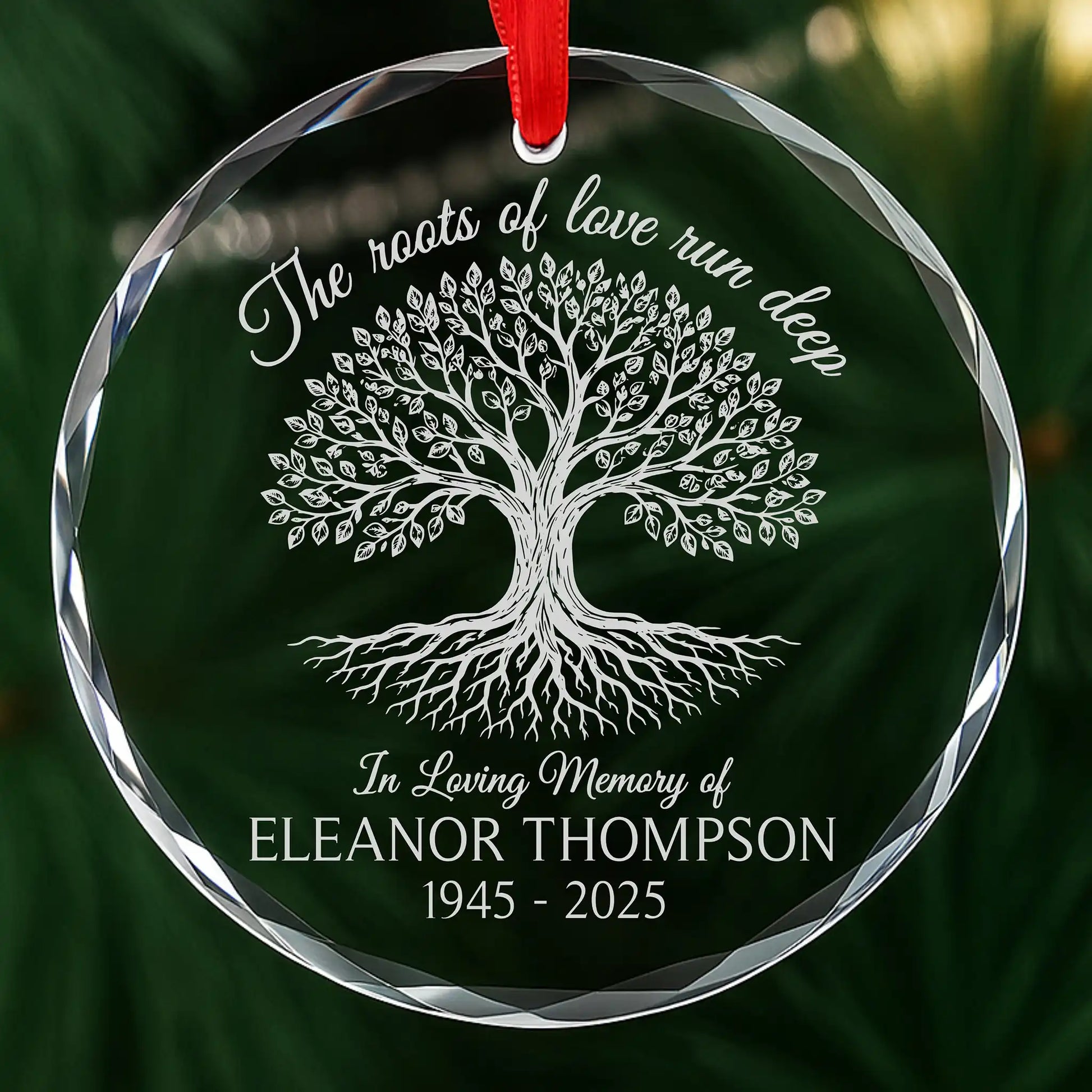 Personalized Tree of Life memorial ornament with deep roots, laser engraved glass with name and dates