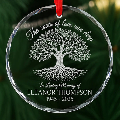 Personalized Tree of Life memorial ornament with deep roots, laser engraved glass with name and dates