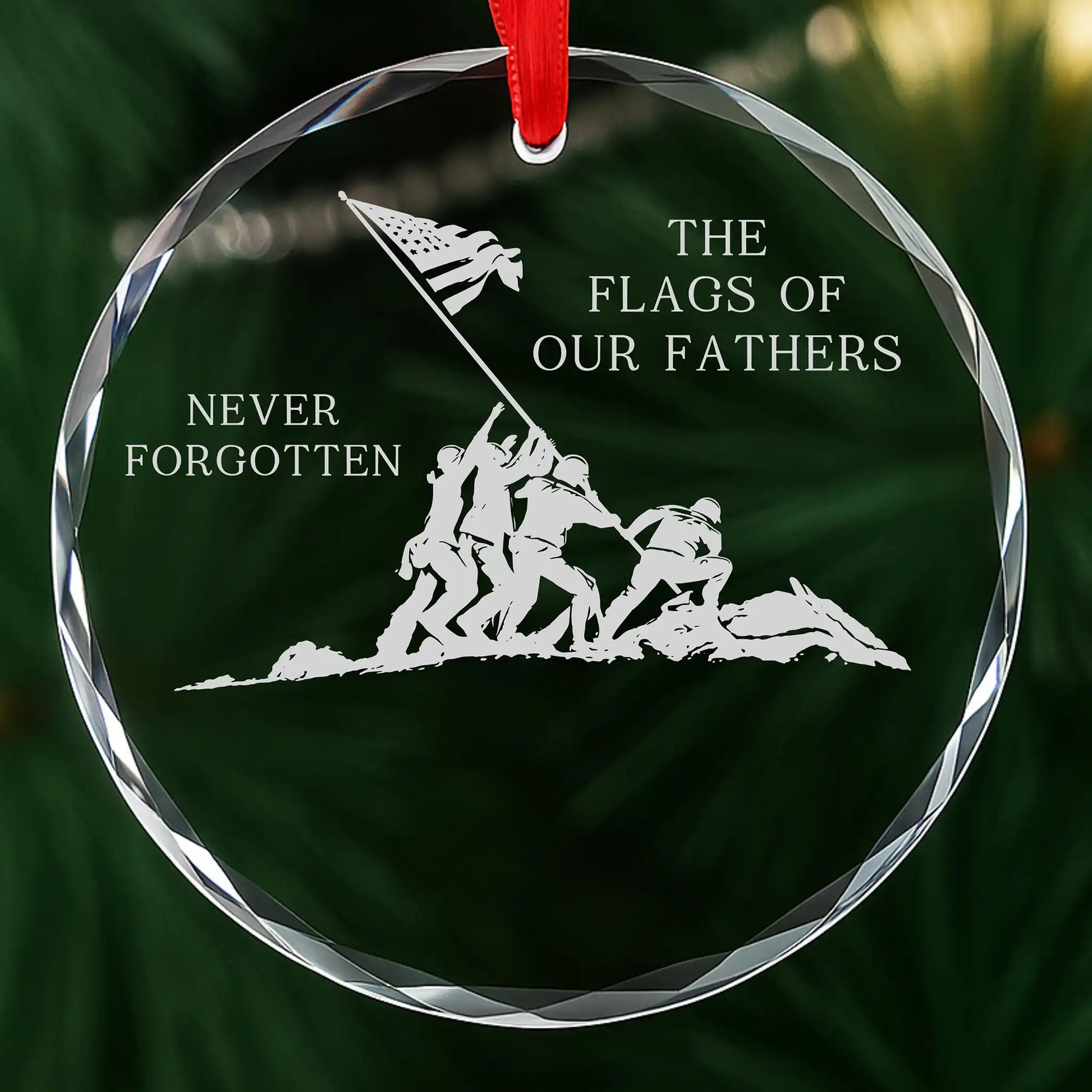 Flags of Our Fathers military glass memorial ornament shown before engraving