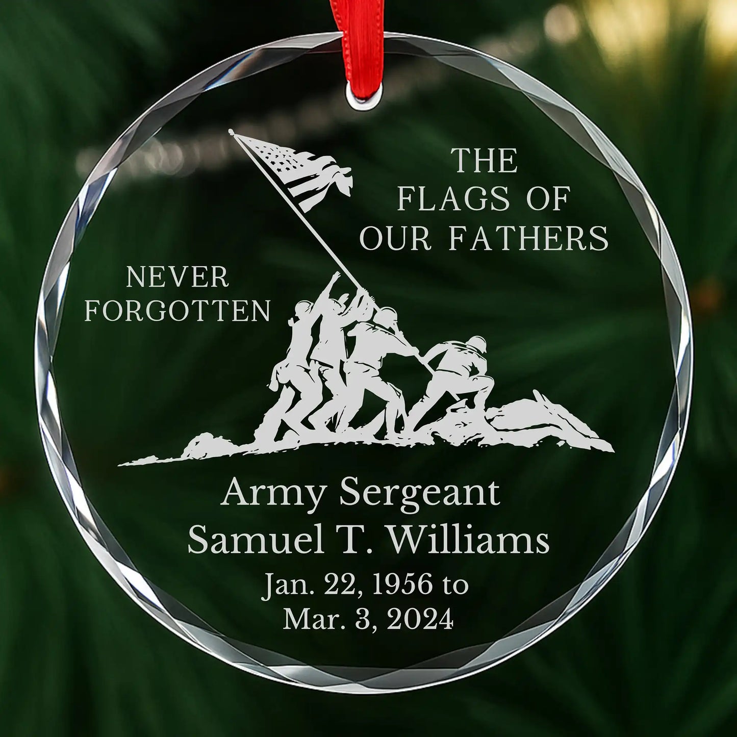 Personalized Flags of Our Fathers military memorial ornament, laser engraved glass with custom name and dates