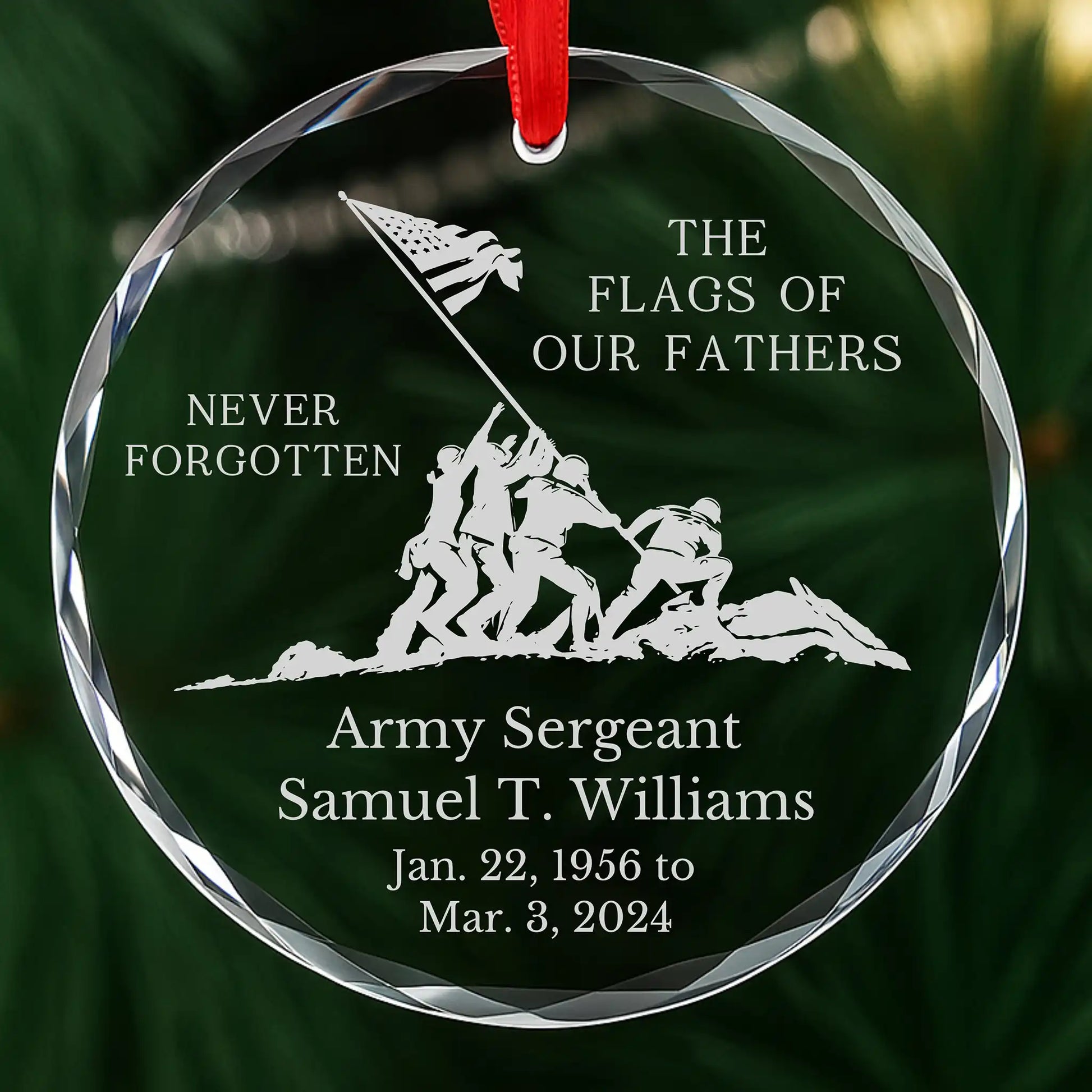 Personalized Flags of Our Fathers military memorial ornament, laser engraved glass with custom name and dates