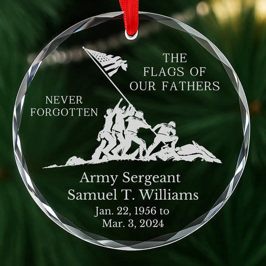 Personalized Flags of Our Fathers military memorial ornament, laser engraved glass with custom name and dates