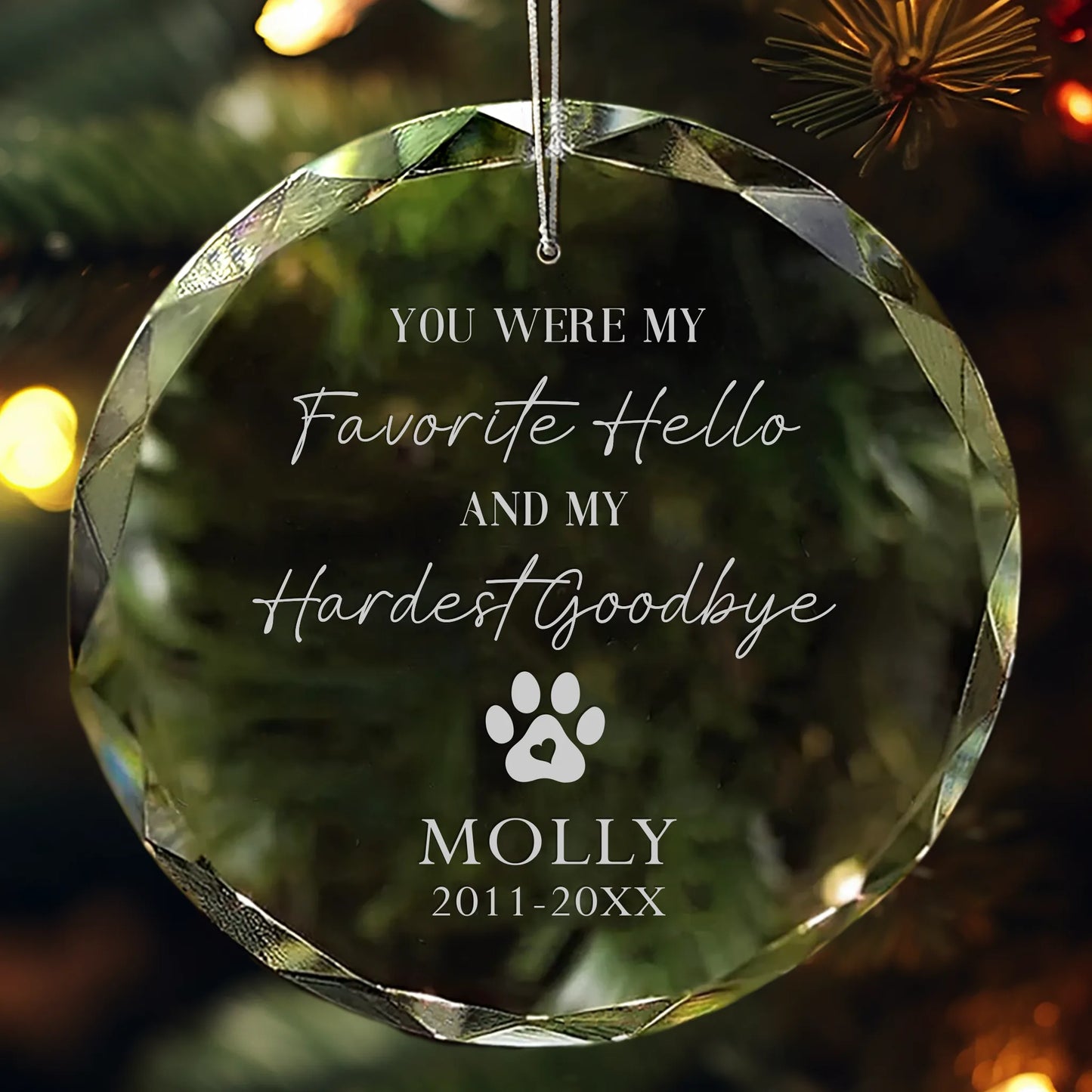 Personalized crystal ornament engraved with “You were my favorite hello and my hardest goodbye” and paw print design.