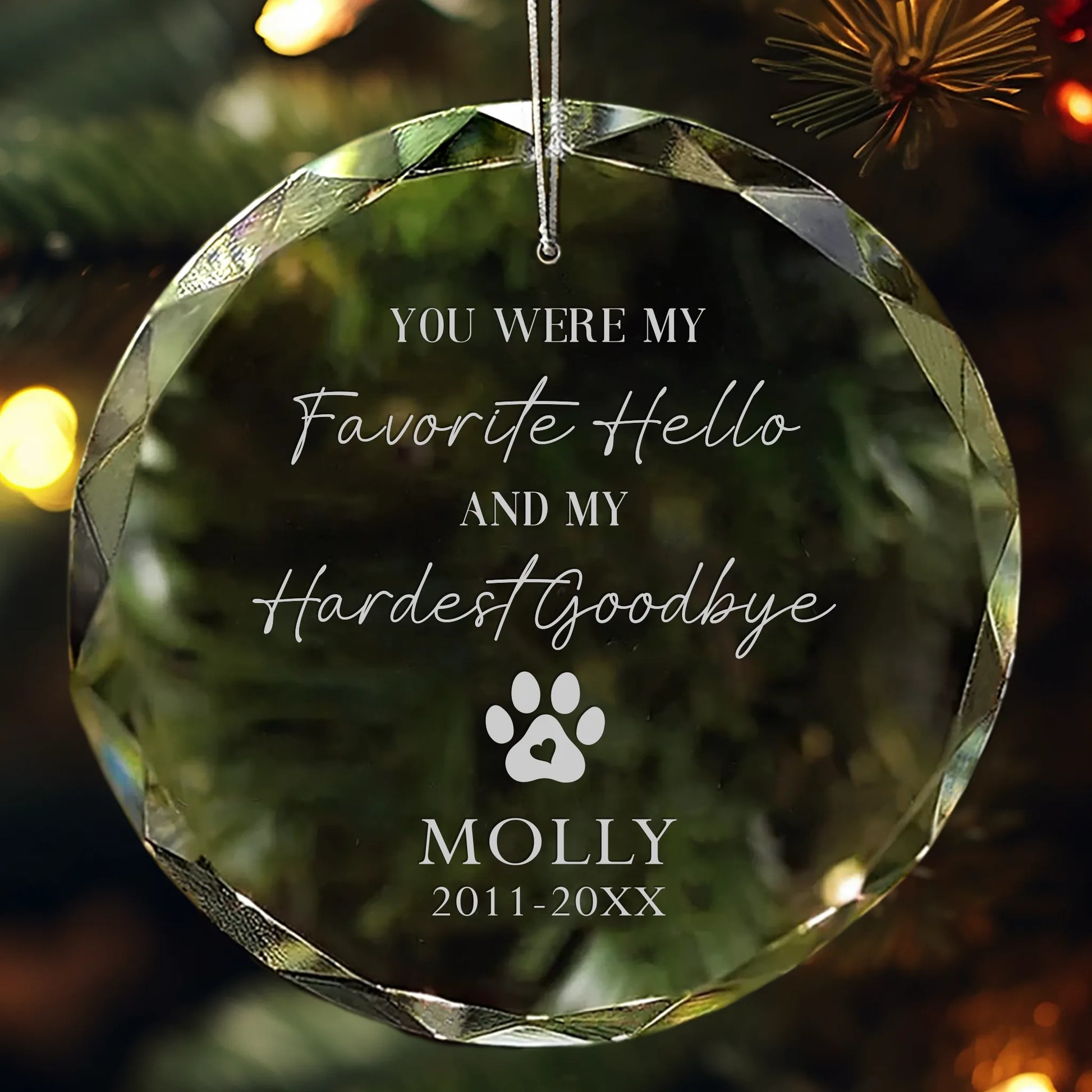Personalized crystal ornament engraved with “You were my favorite hello and my hardest goodbye” and paw print design.