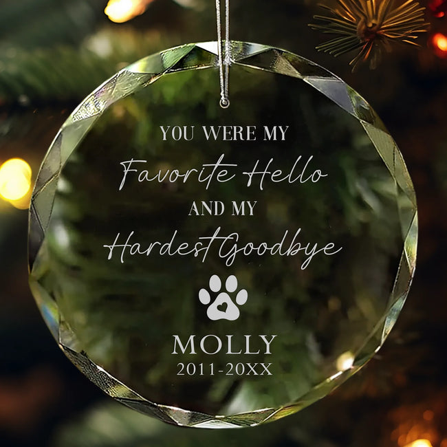 Personalized Pet Memorial Glass Ornament elegant engraved glass keepsake celebrating a cherished pet's life