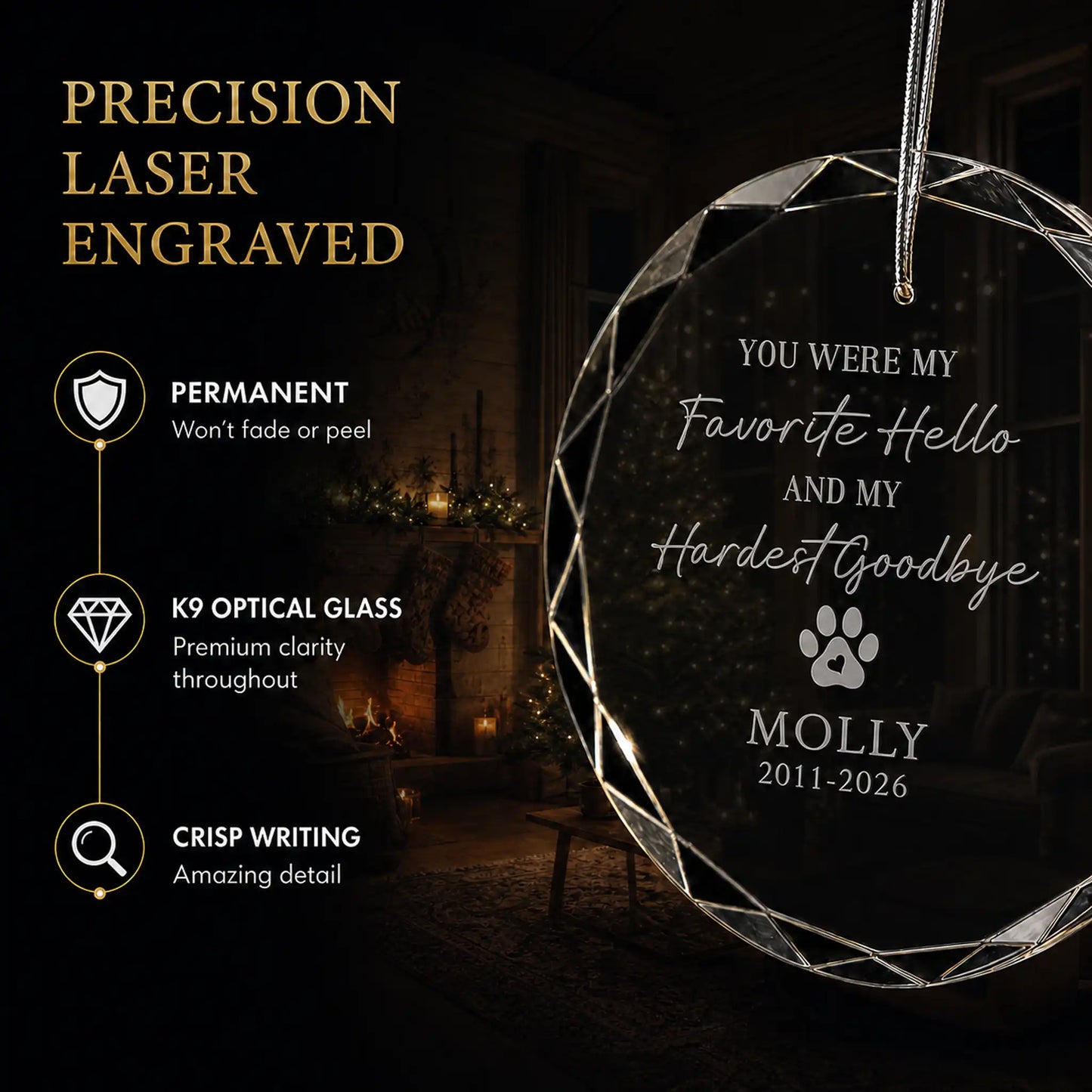 Close up of precision laser engraving on the custom pet memorial glass ornament, permanent lettering that will not fade or peel