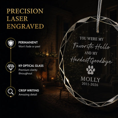 Close up of precision laser engraving on the custom pet memorial glass ornament, permanent lettering that will not fade or peel