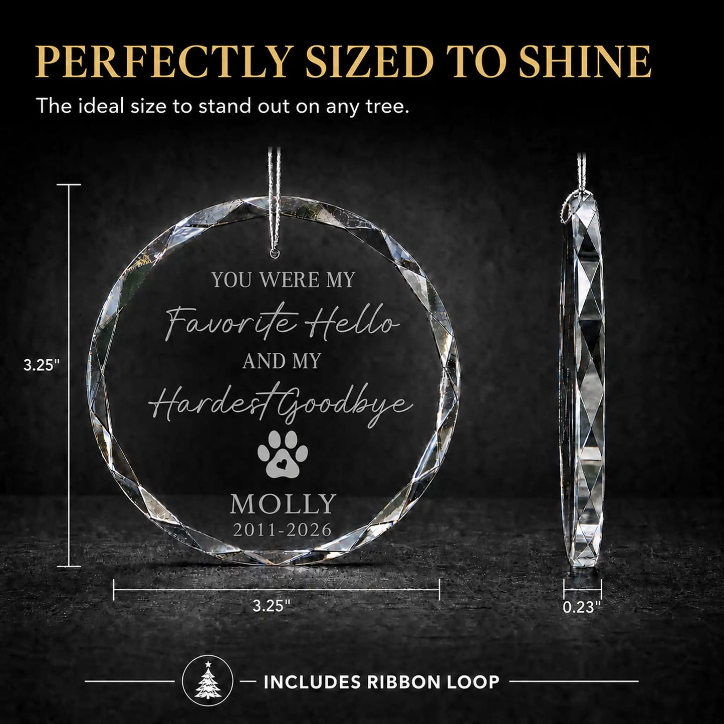 Size guide for the personalized pet memorial glass ornament, 3.25 inches tall by 3.25 inches wide and 0.23 inches thick