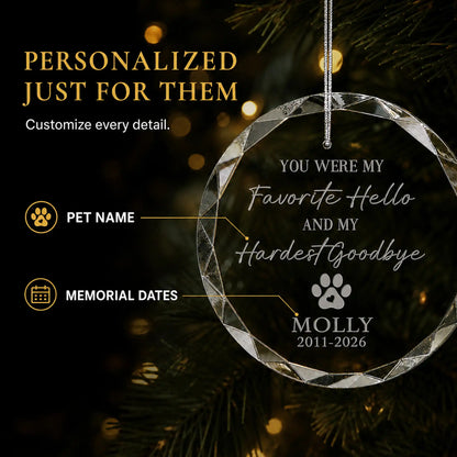 Personalization options on the pet memorial glass ornament, custom pet name and memorial dates laser engraved beneath the paw print and heart