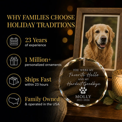Personalized pet memorial glass ornament displayed beside a framed photo of a golden retriever, Holiday Traditions is family owned in the USA and ships within 23 hours