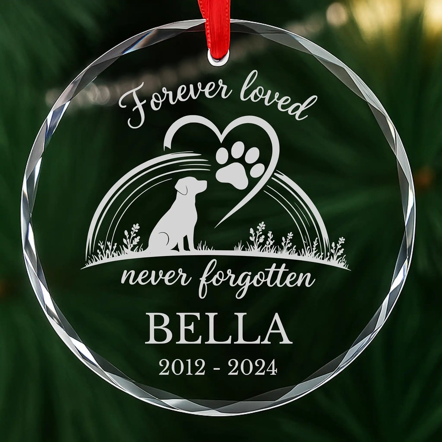 Personalized Forever Loved pet memorial ornament, laser engraved glass with pet name and dates