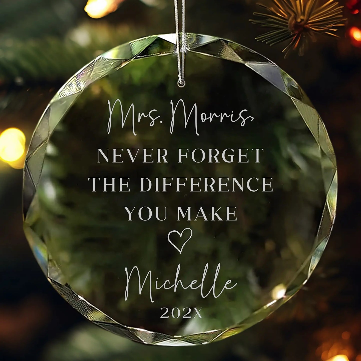 A meaningful engraved teacher ornament reminding them of the difference they make. Personalize with names and year for a heartfelt gift.