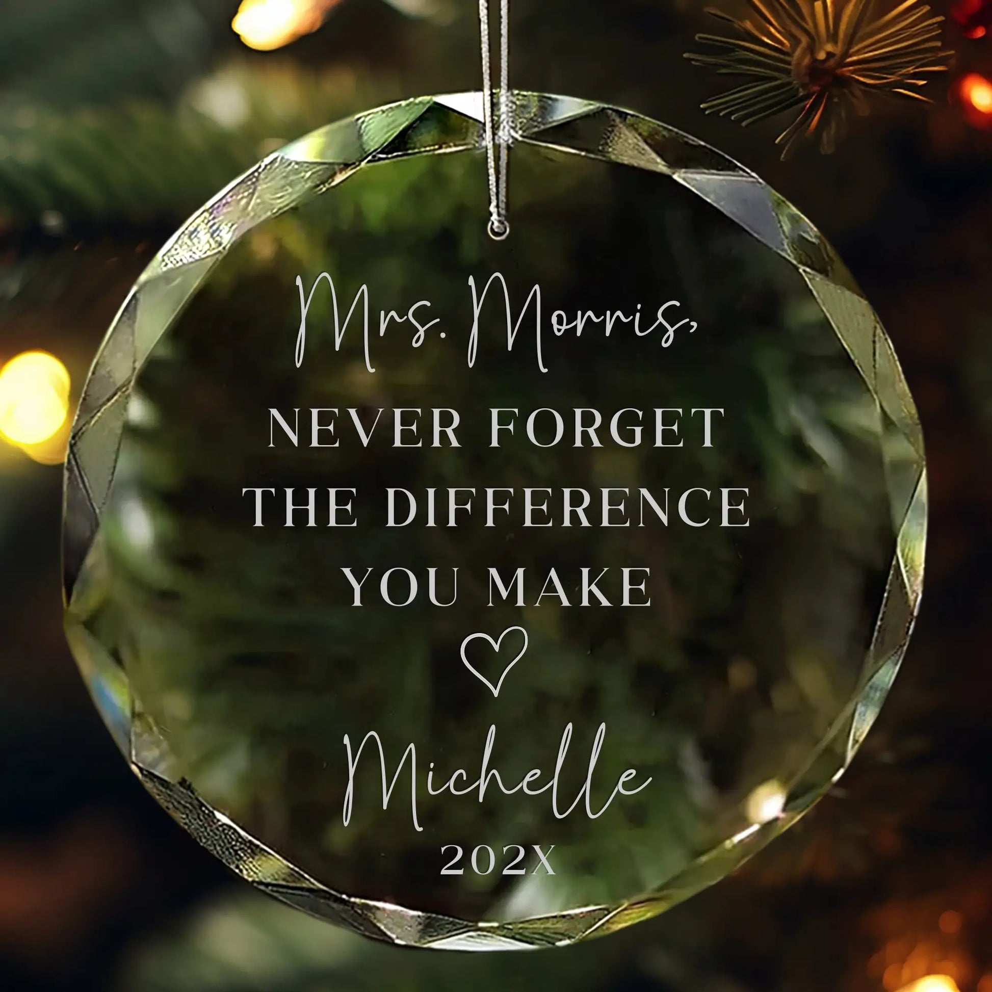 A meaningful engraved teacher ornament reminding them of the difference they make. Personalize with names and year for a heartfelt gift.