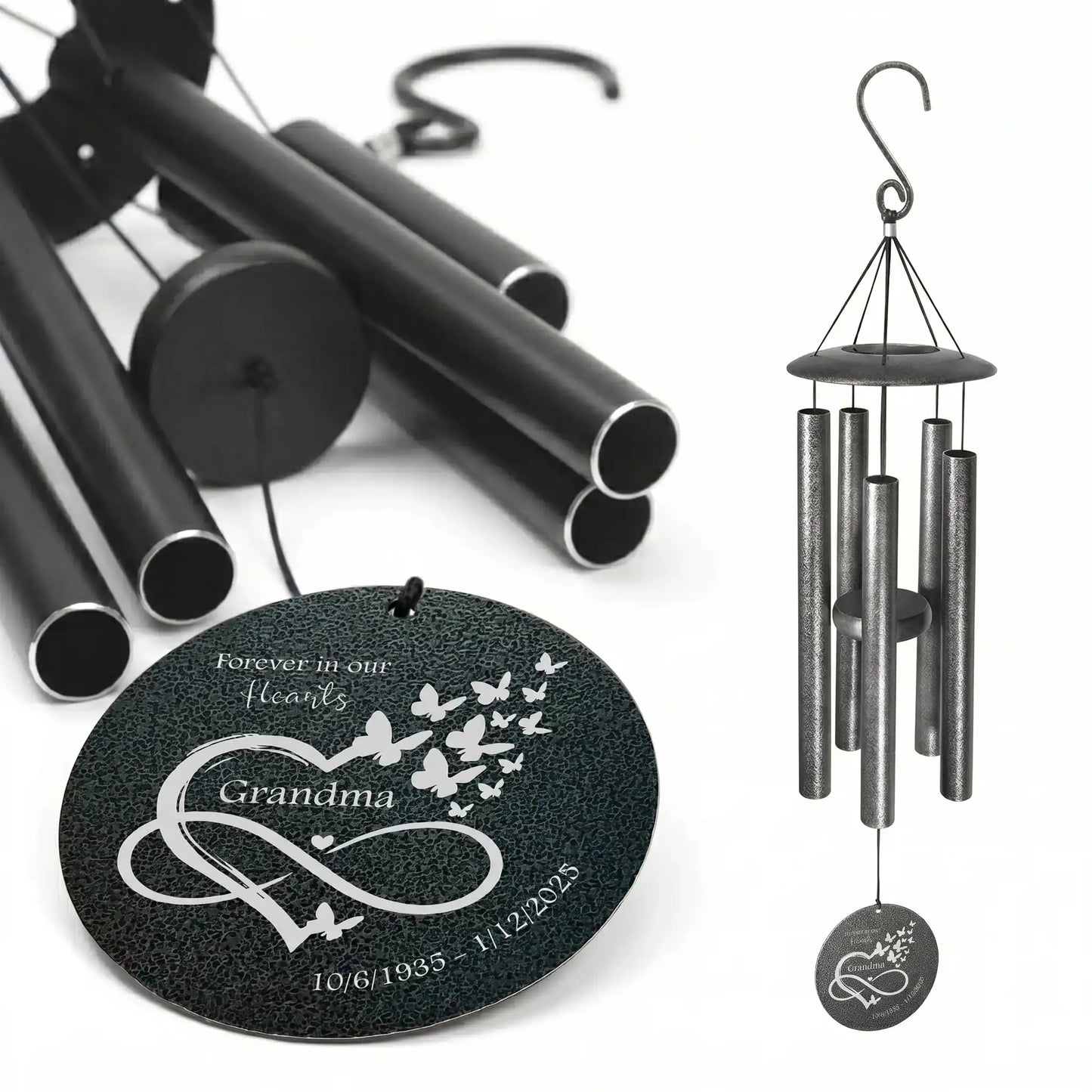 Personalized memorial wind chime with Forever in our hearts disc, laser engraved name and dates, black powder coated aluminum